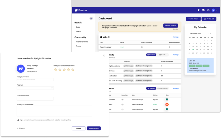 Image of Prentus website dashboard overlaid by a pop-up review form.