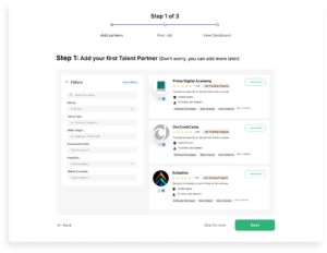 Mockup of the 'Add Partner' step in the onboarding process where users can search for and add talent partners to their network.