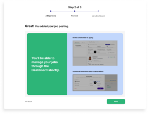 Mockup of the confirmation message that the 'Post a Job' step was completed successfully.