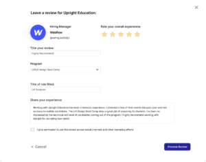 Mockup of a filled out review form for a talent partner.