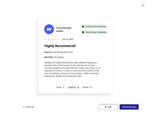 Mockup of a preview of a filled out review form for a talent partner.