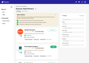 Mockup of the Talent Partners page, showing instructions how to use the page, plus multiple talent partner info cards and search filters.