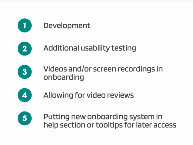 Numbered list of five recommendations for the Prentus project. White numbers in teal circles with recommendations in black text on white background.