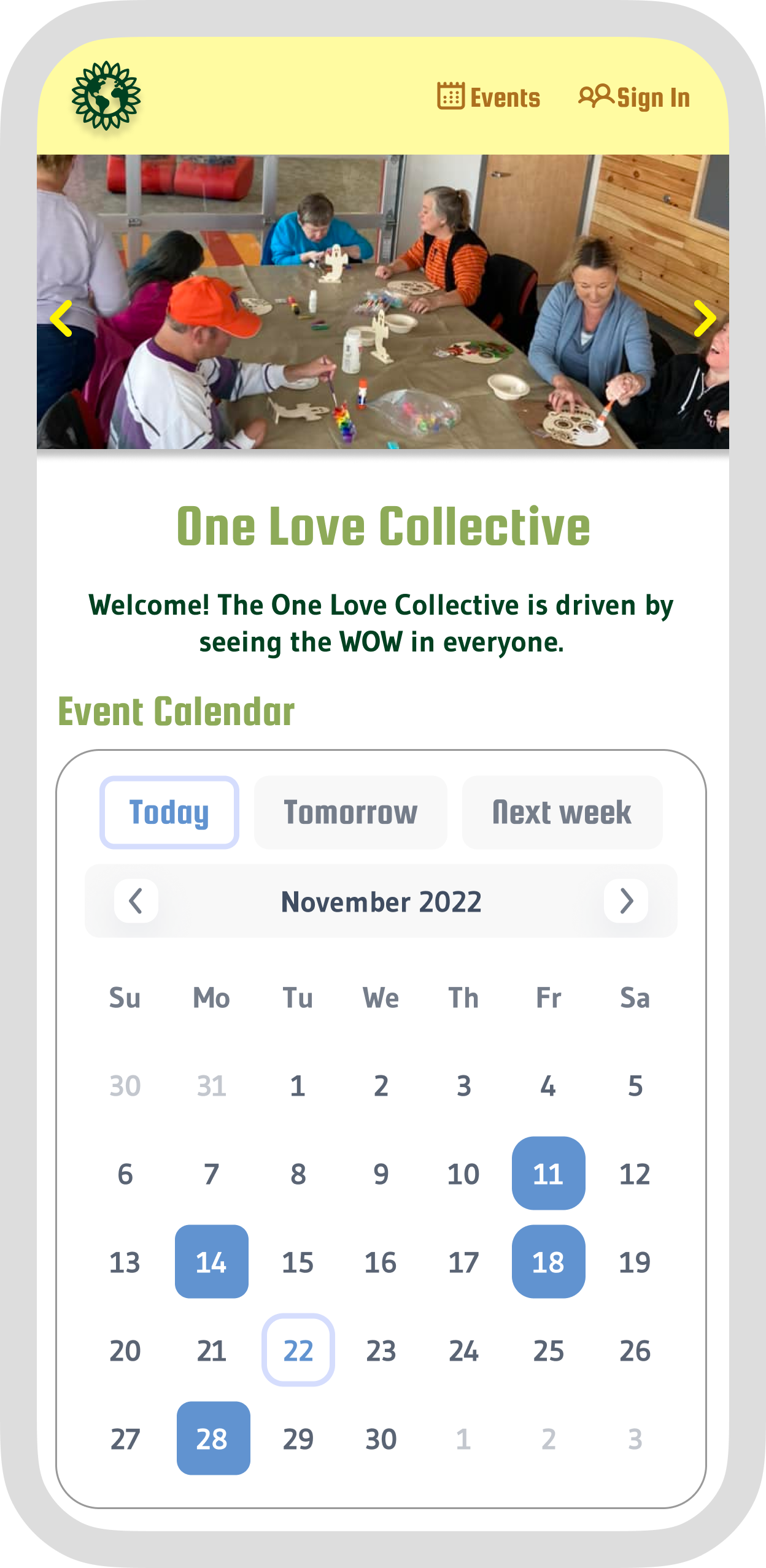 Home page smartphone frame mockup design for the One Love Collective project.