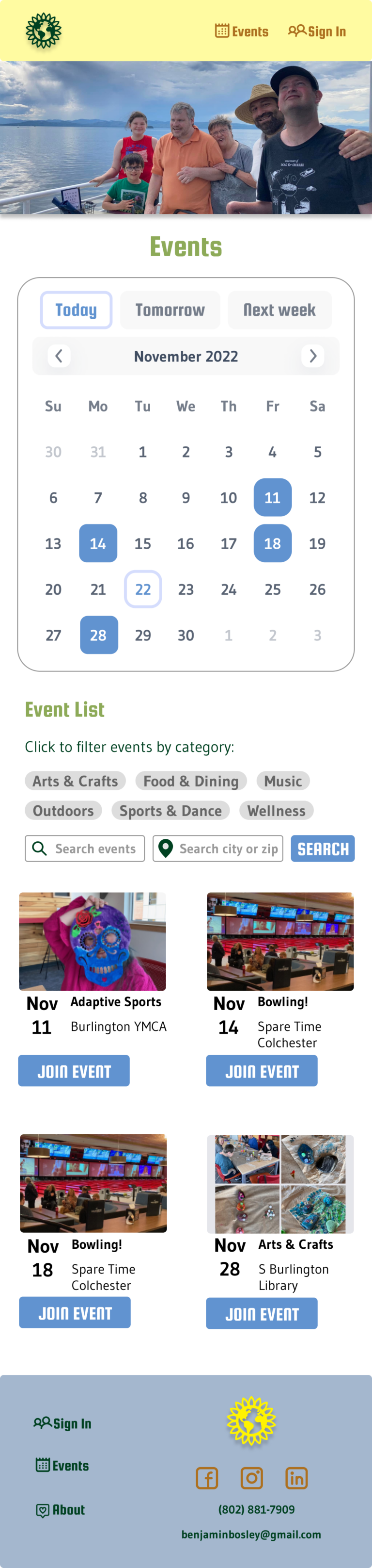 Events page mockup design for the One Love Collective project.