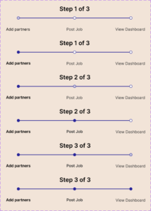 Collection of six variations of horizontal progress bar components for initial onboarding steps, with each instance's step 2 labeled 'Post a Job' and step 3 labeled 'View Dashboard'.