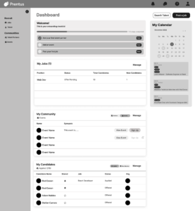 Medium fidelity wireframe of the Prentus dashboard after finishing the initial onboarding process.