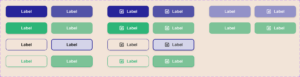 Twenty standard-sized button component variations, in shades of Prentus blue and green.