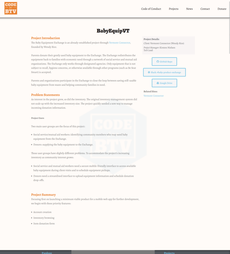 Screenshot of the Code for BTV BabyEquipVT project page on codeforbtv.org.