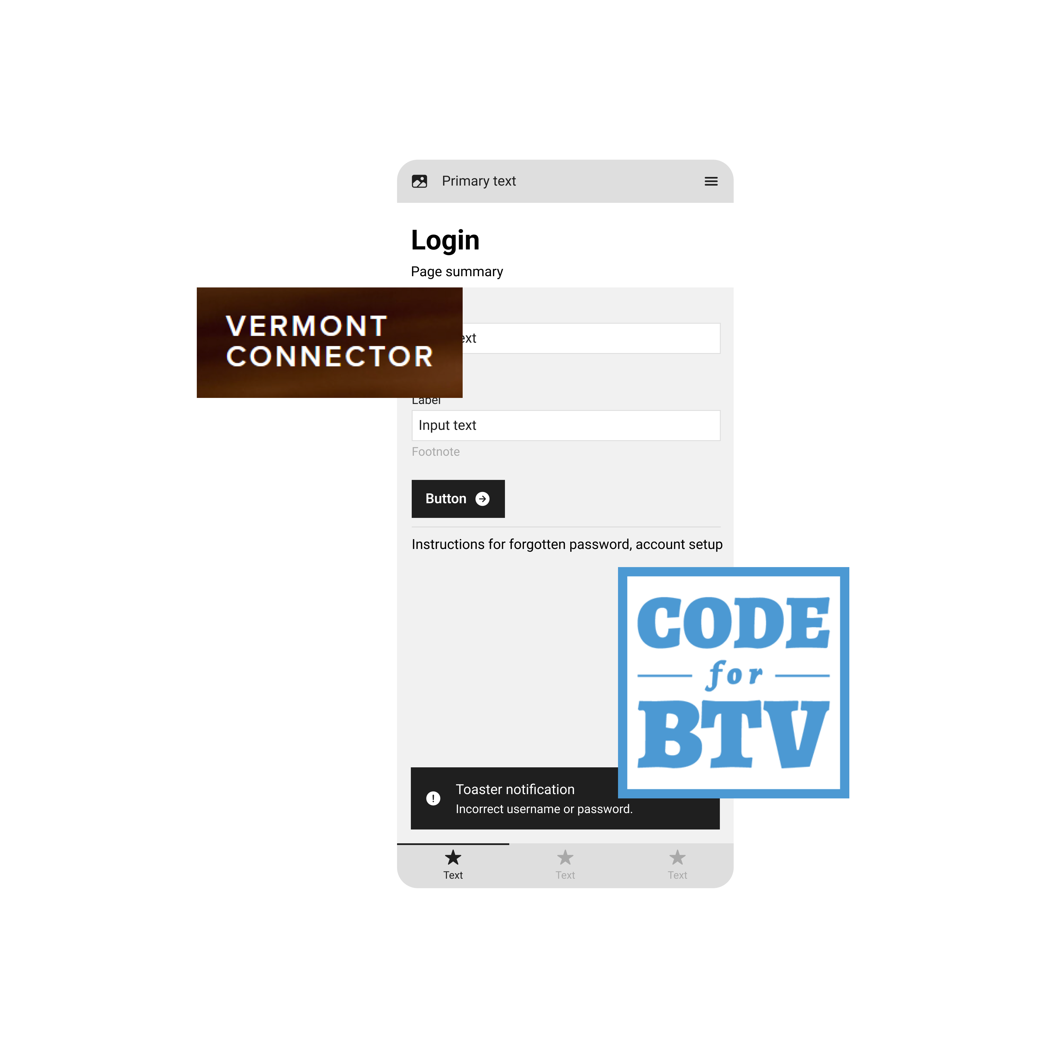 Image of a wireframe design overlaid with the logos for Vermont Connector and Code for BTV.