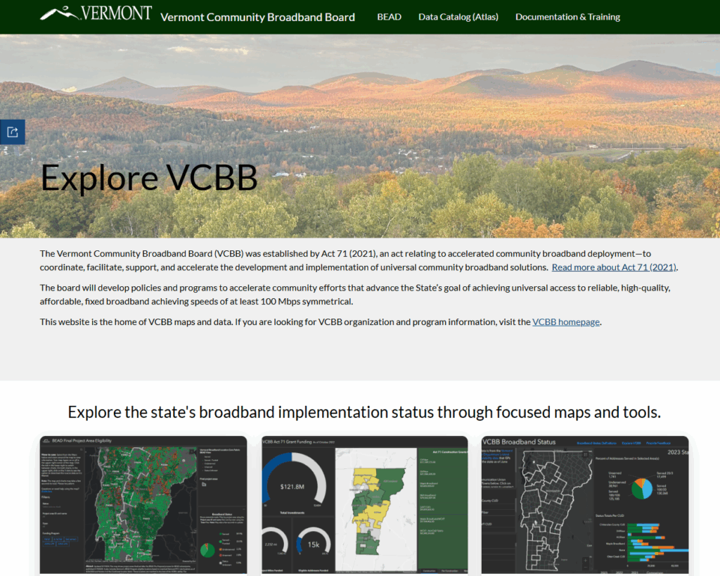 Screenshot of the website for the Vermont Community Broadband Board
