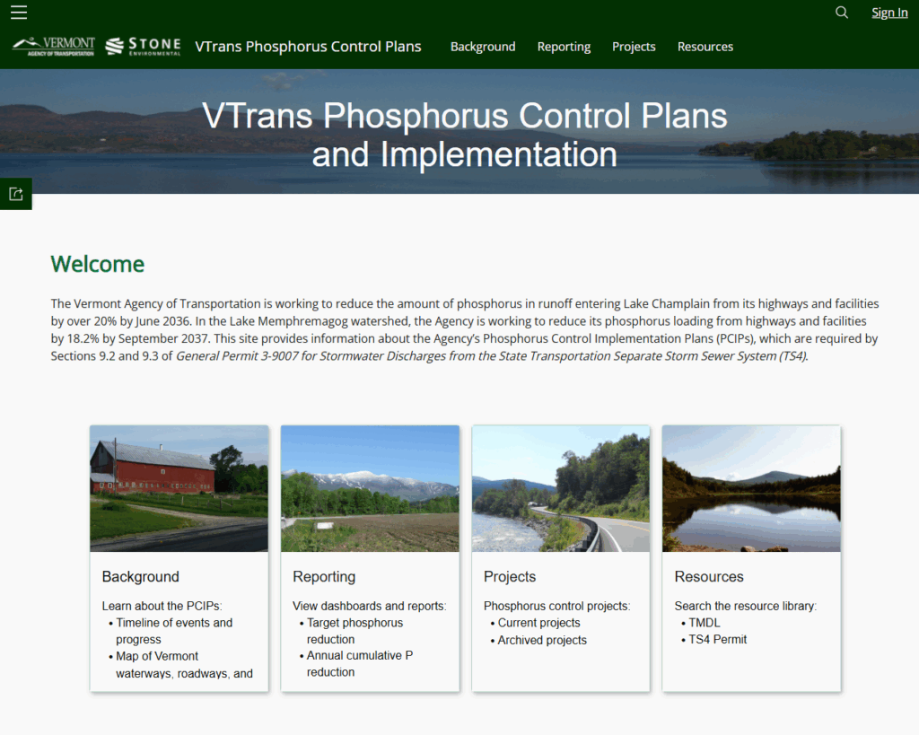 Screenshot of the website for VTrans Phosphorus Control Plan and Implementation